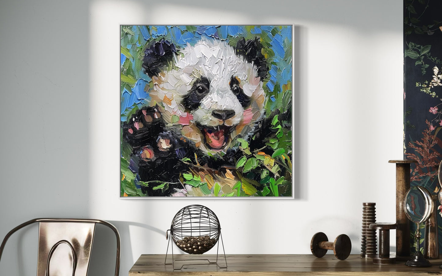 Playful Panda Oil Painting - Adorable Animal Canvas Art for Kids' Room Decor