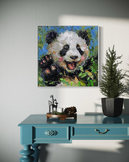 Playful Panda Oil Painting - Adorable Animal Canvas Art for Kids' Room Decor