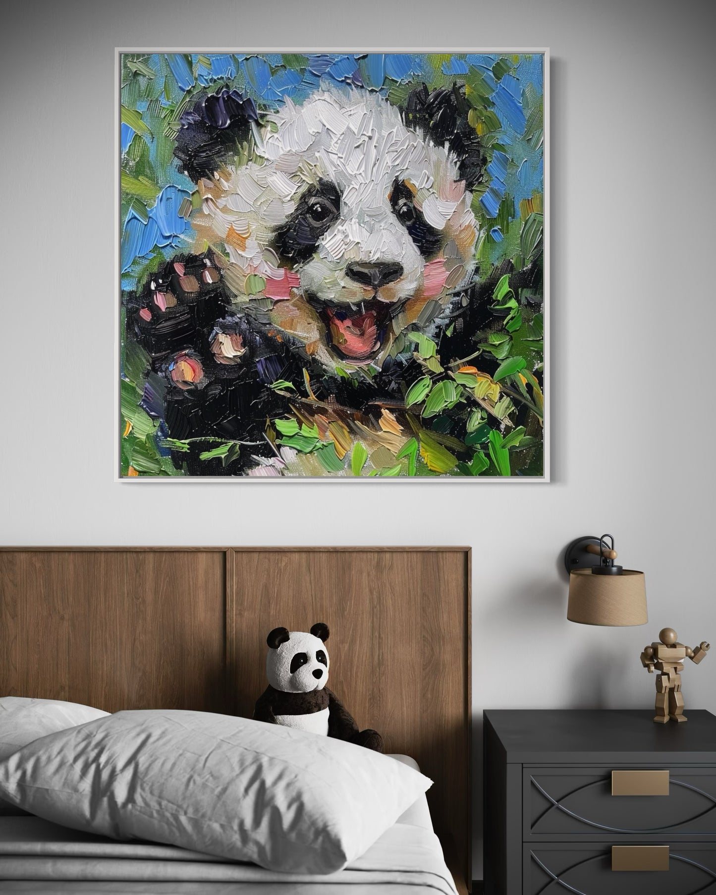 Playful Panda Oil Painting - Adorable Animal Canvas Art for Kids' Room Decor