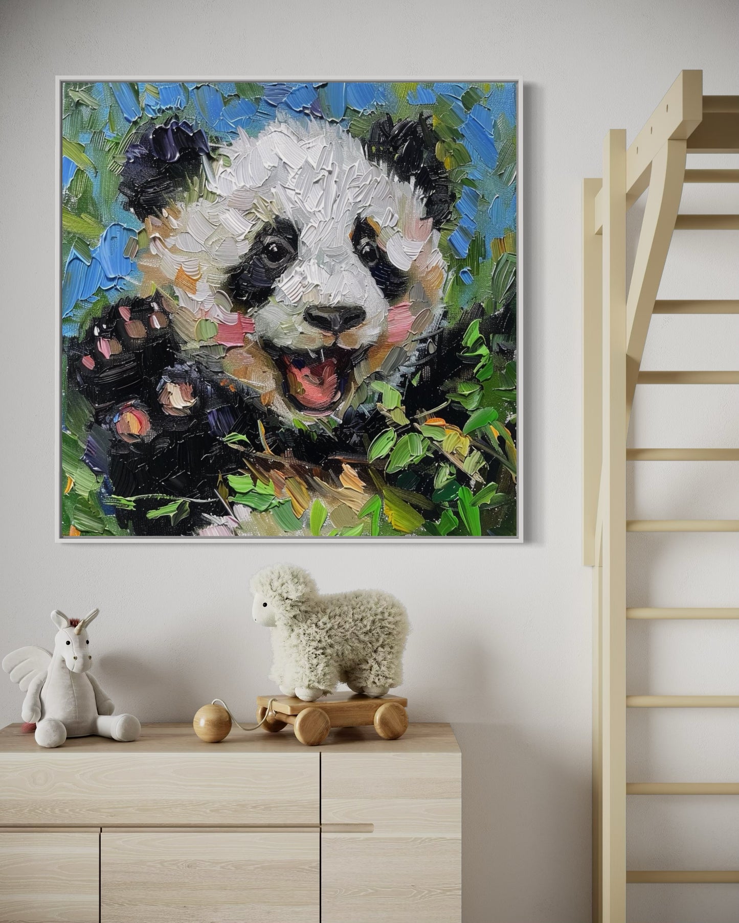 Playful Panda Oil Painting - Adorable Animal Canvas Art for Kids' Room Decor