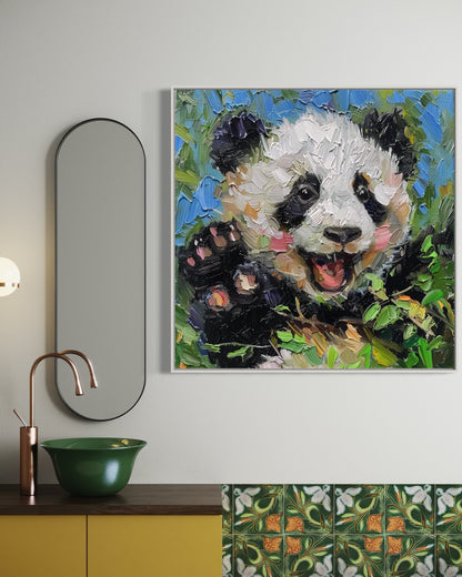 Playful Panda Oil Painting - Adorable Animal Canvas Art for Kids' Room Decor