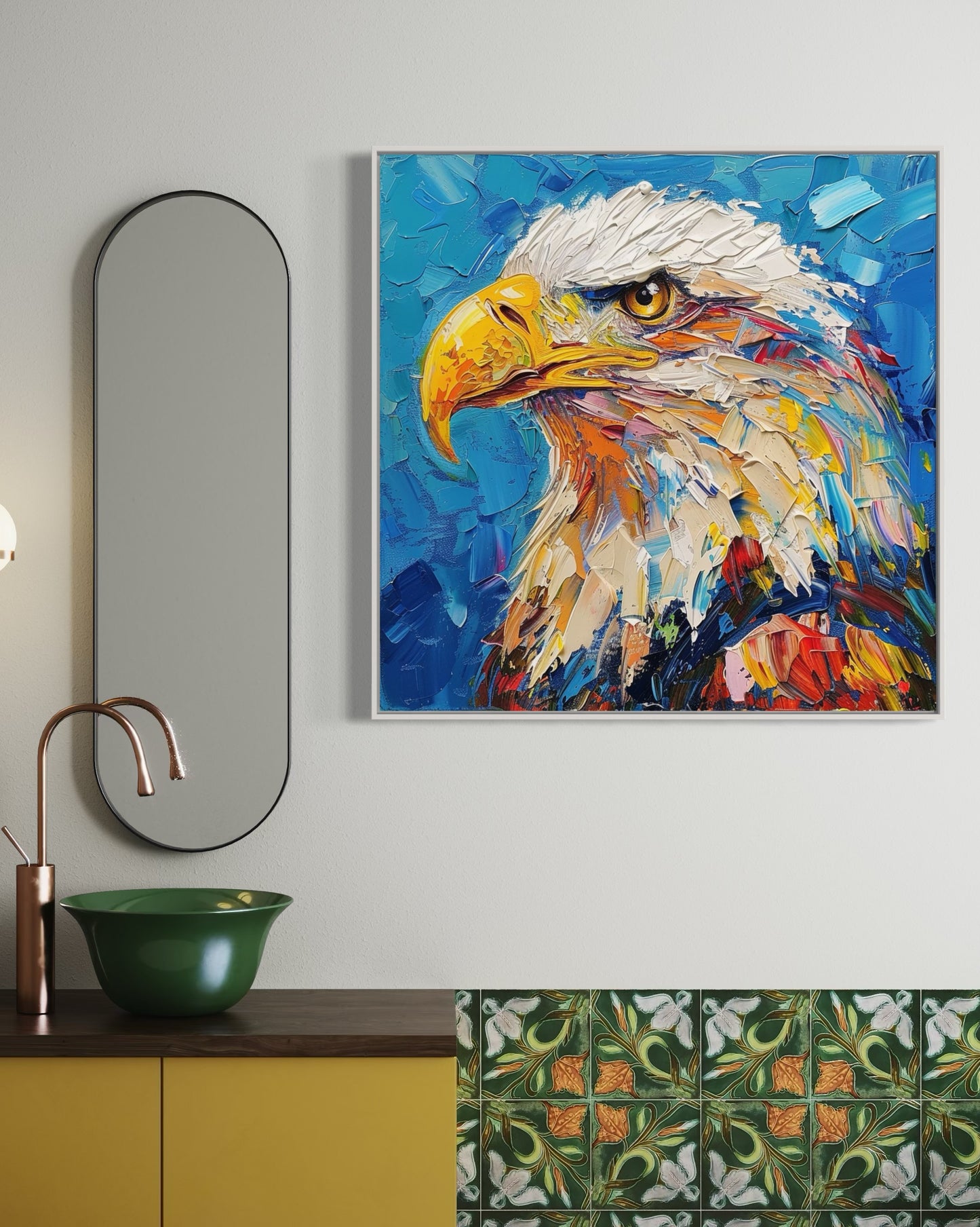 Bold Eagle Oil Painting - Patriotic Wall Art with Dynamic Blue Background