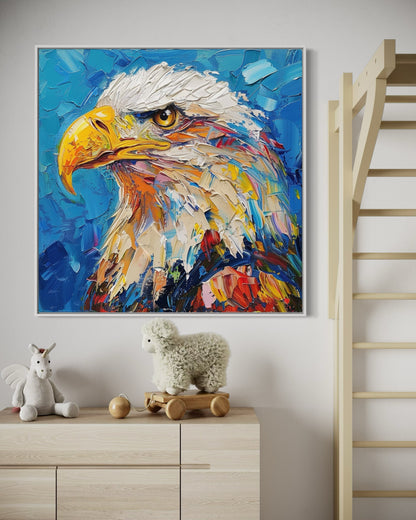 Bold Eagle Oil Painting - Patriotic Wall Art with Dynamic Blue Background