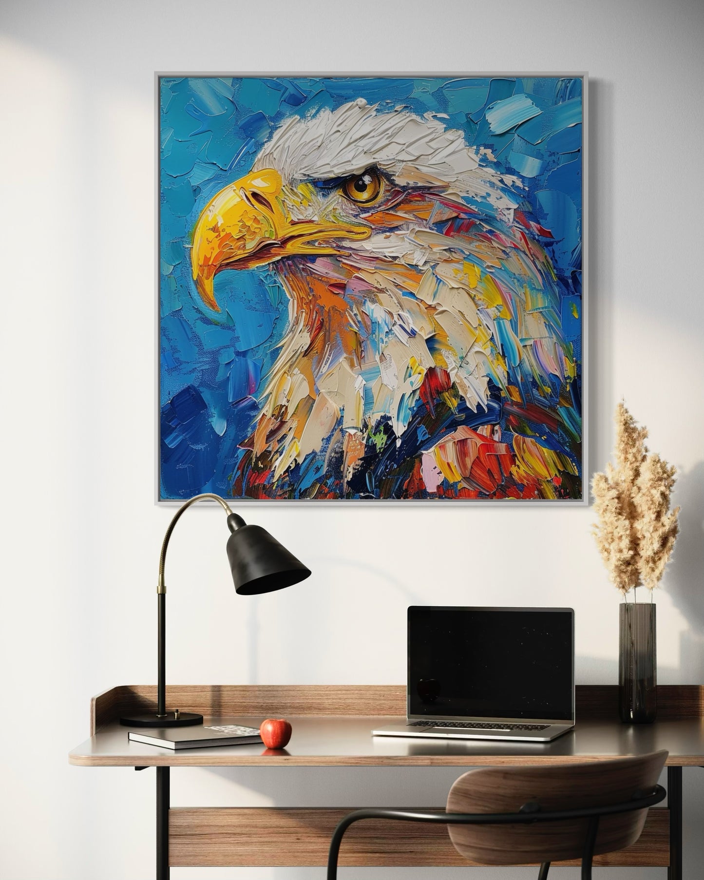 Bold Eagle Oil Painting - Patriotic Wall Art with Dynamic Blue Background