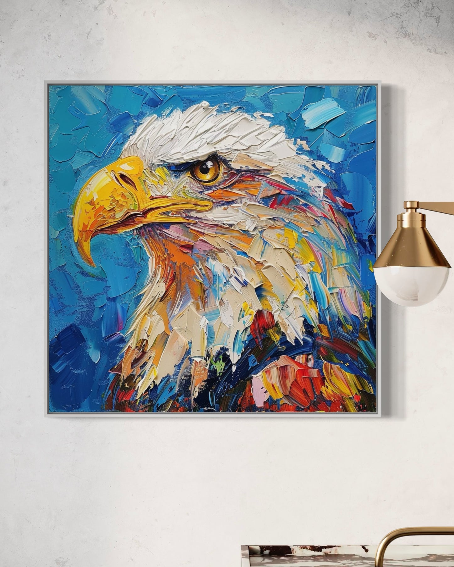 Bold Eagle Oil Painting - Patriotic Wall Art with Dynamic Blue Background