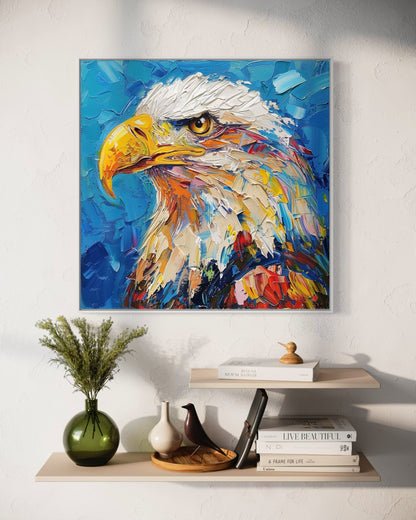 Bold Eagle Oil Painting - Patriotic Wall Art with Dynamic Blue Background