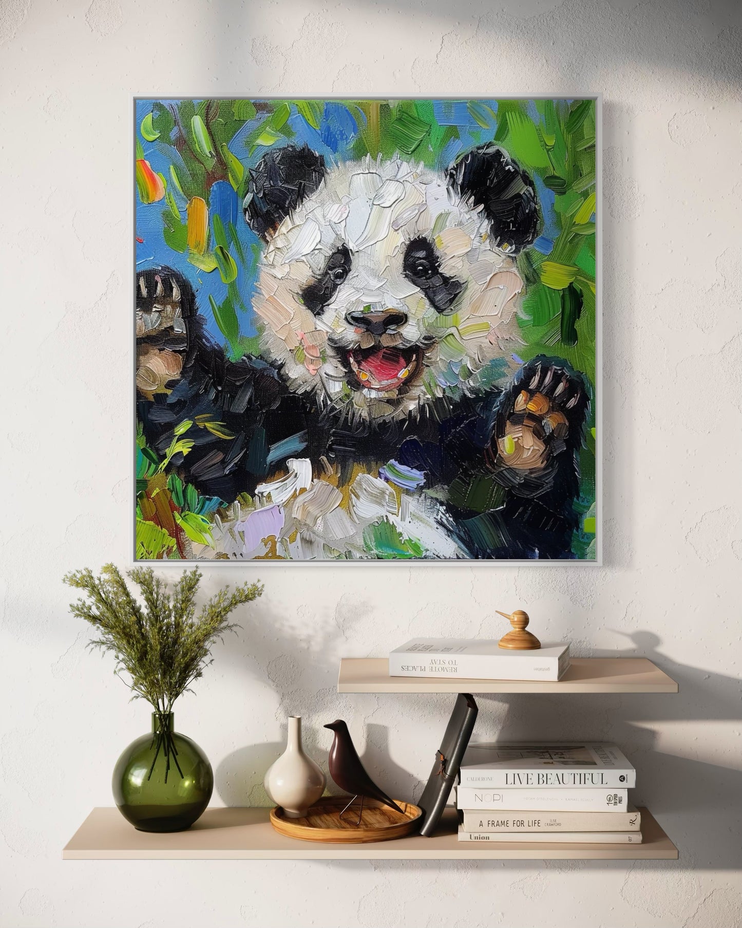 Happy Panda Cub Oil Painting - Whimsical Wall Art for Nursery and Playroom Decor