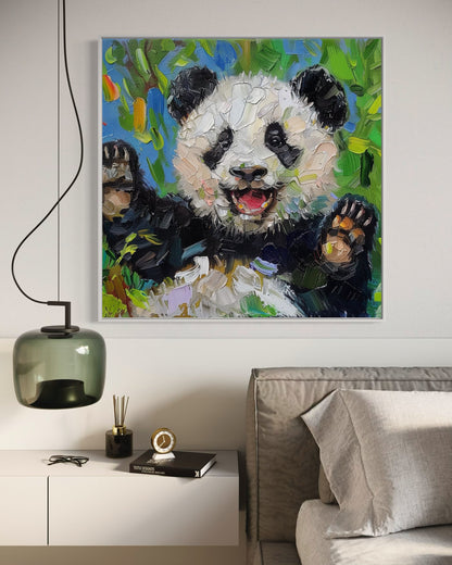 Happy Panda Cub Oil Painting - Whimsical Wall Art for Nursery and Playroom Decor