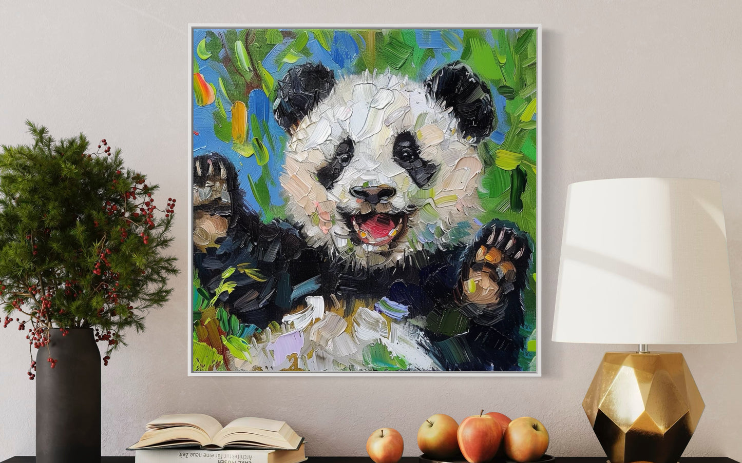 Happy Panda Cub Oil Painting - Whimsical Wall Art for Nursery and Playroom Decor