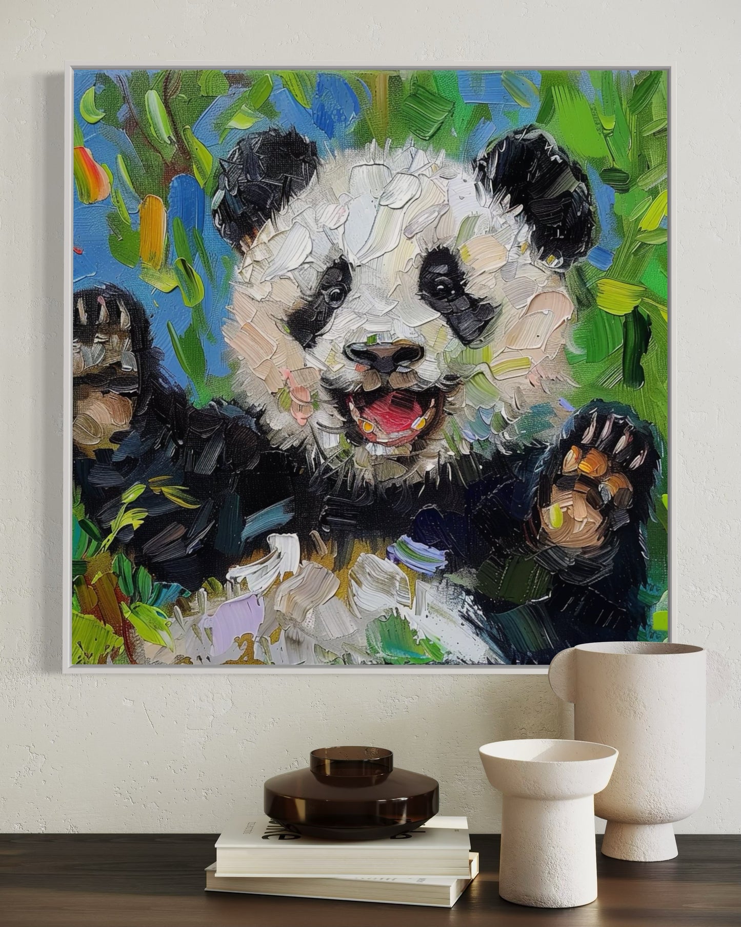 Happy Panda Cub Oil Painting - Whimsical Wall Art for Nursery and Playroom Decor