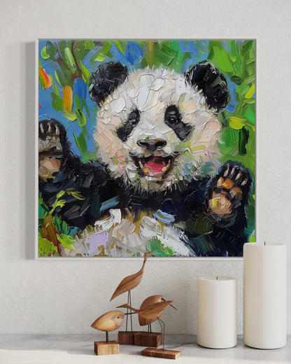 Happy Panda Cub Oil Painting - Whimsical Wall Art for Nursery and Playroom Decor