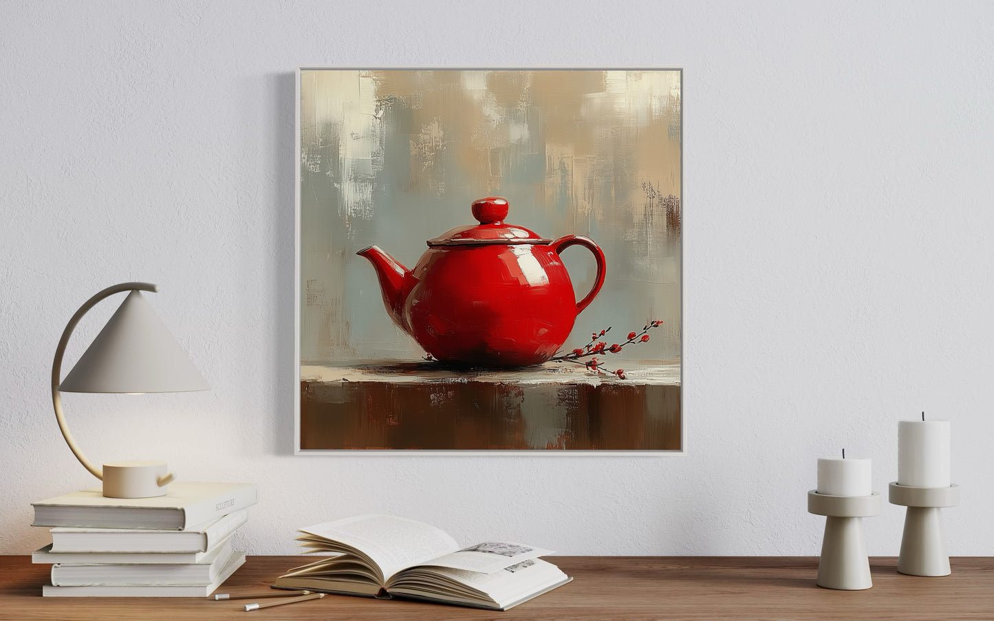 Rustic Red Teapot Oil Painting on Canvas