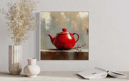 Rustic Red Teapot Oil Painting on Canvas