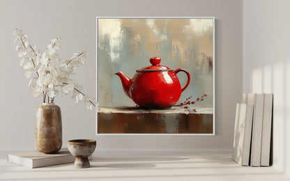 Rustic Red Teapot Oil Painting on Canvas