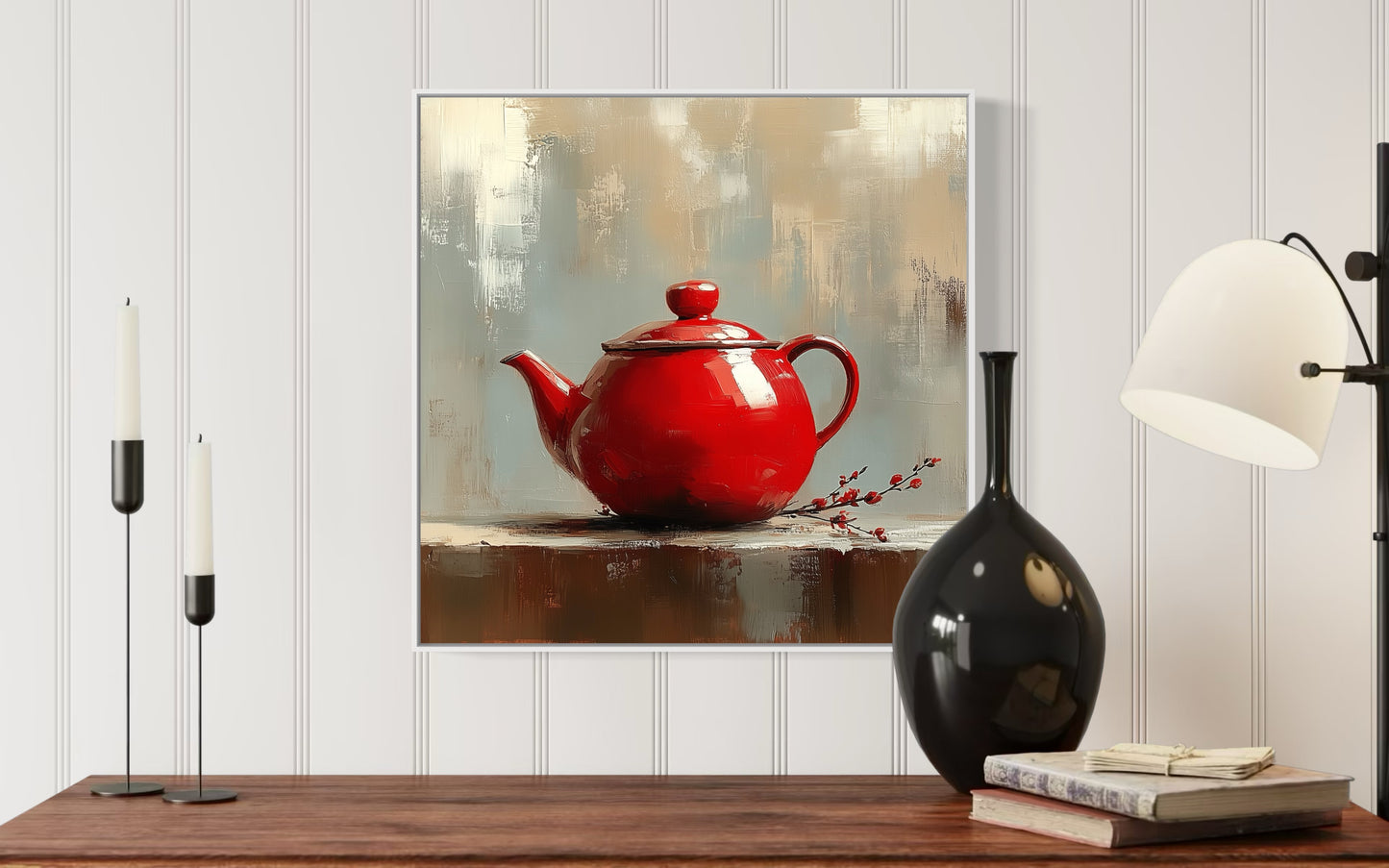 Rustic Red Teapot Oil Painting on Canvas