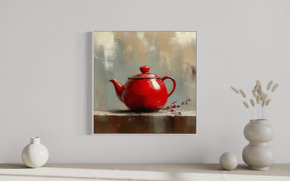 Rustic Red Teapot Oil Painting on Canvas