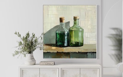 Green Glass Bottles Oil Painting on Canvas