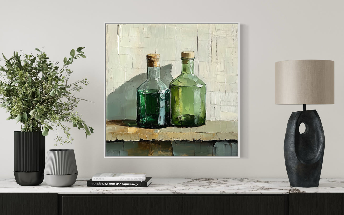 Green Glass Bottles Oil Painting on Canvas