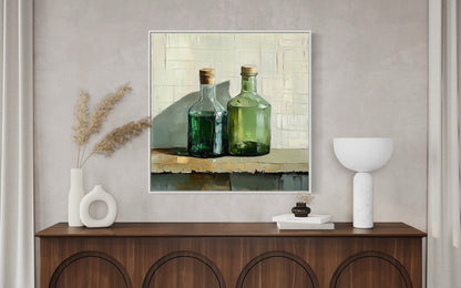 Green Glass Bottles Oil Painting on Canvas