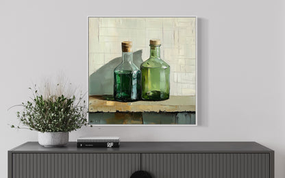 Green Glass Bottles Oil Painting on Canvas