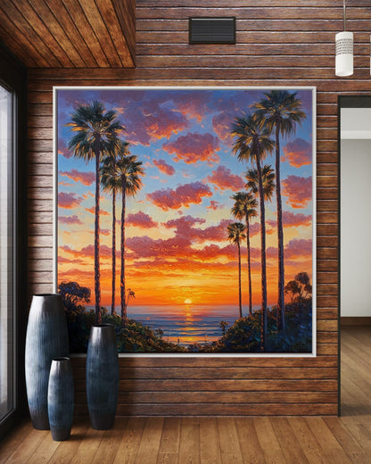 Sunset Palms Hand-Painted Landscape Canvas