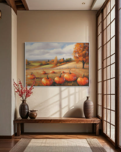 Golden Autumn Fields with Pumpkins Canvas Art