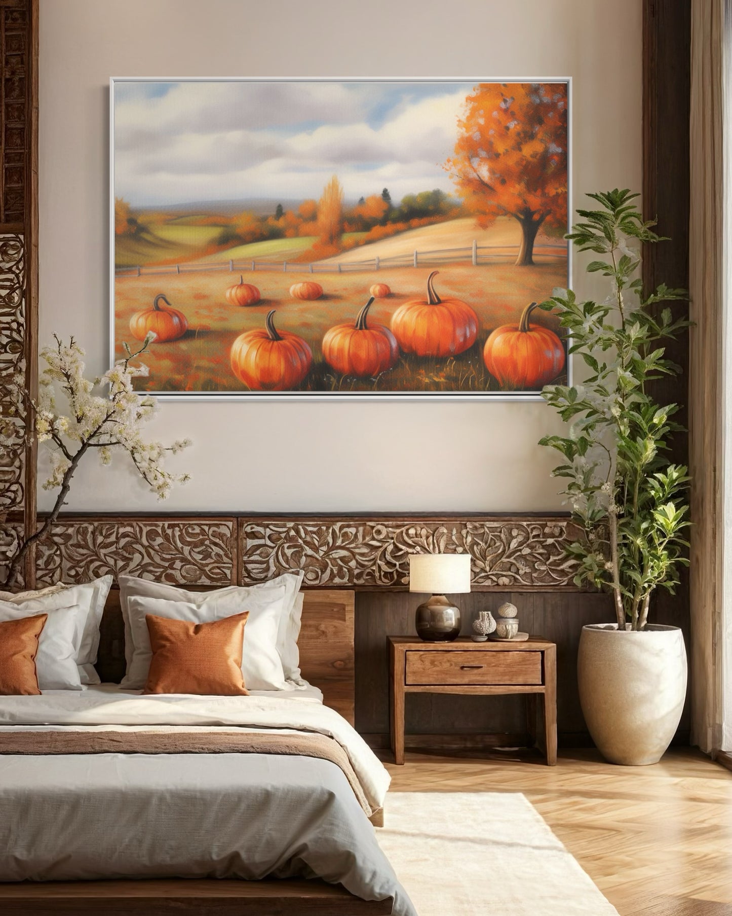 Golden Autumn Fields with Pumpkins Canvas Art