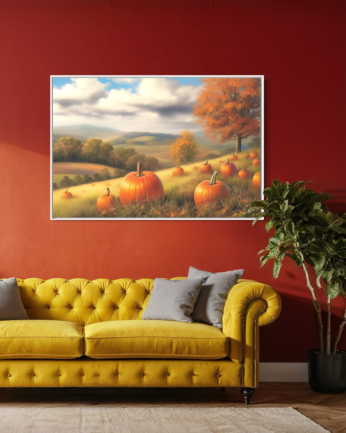 Pumpkin Field in Autumn Hand-Painted Landscape Art