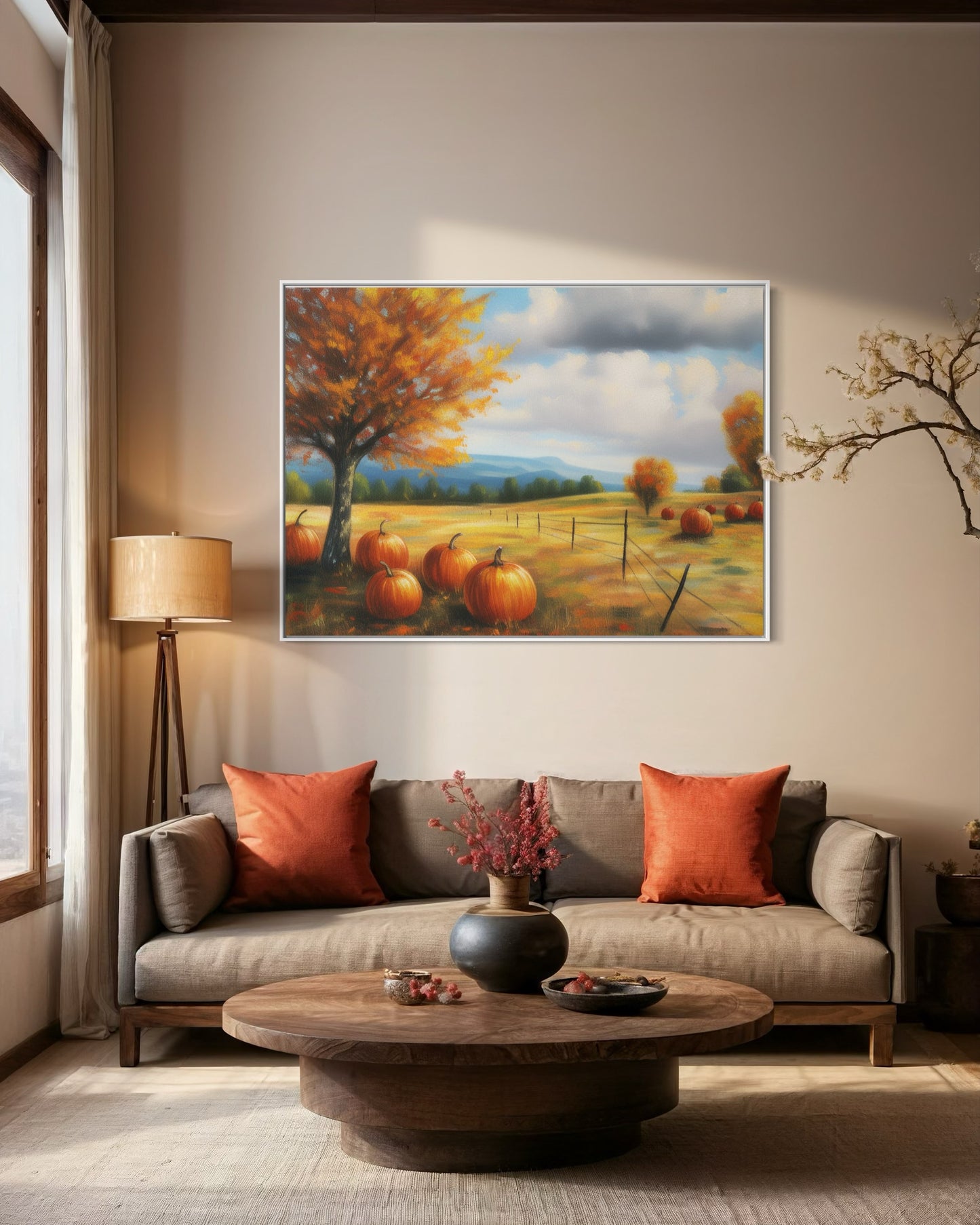 Autumn Hillside Pumpkin Harvest Canvas Oil Painting