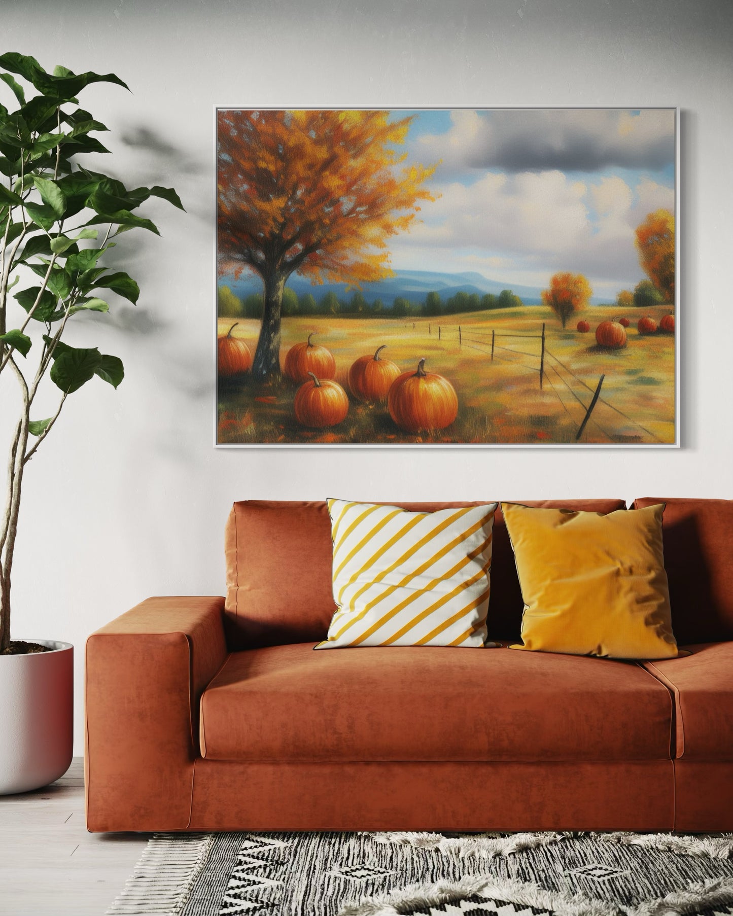 Autumn Hillside Pumpkin Harvest Canvas Oil Painting