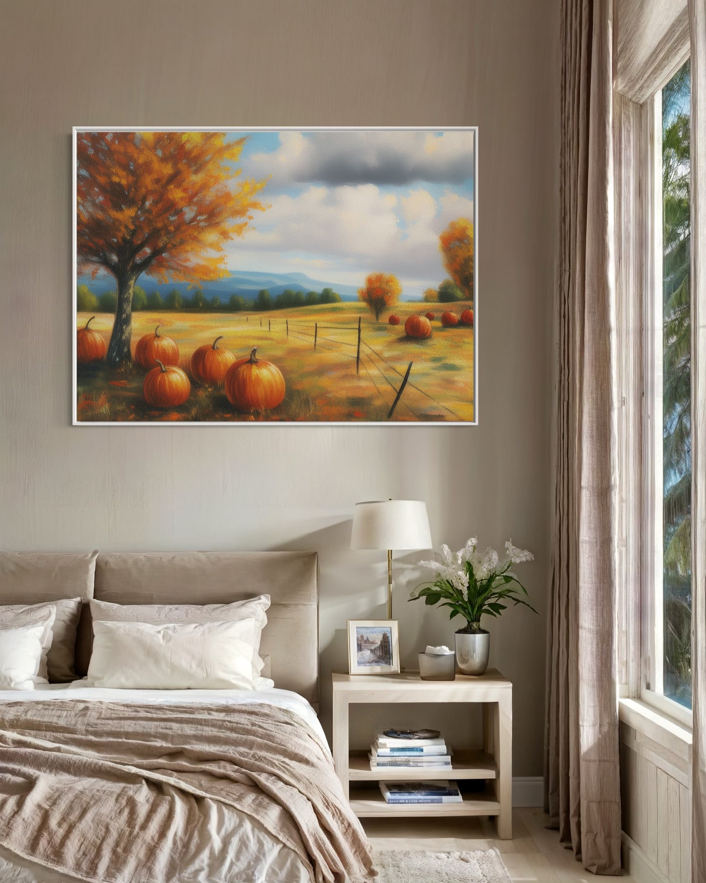 Autumn Hillside Pumpkin Harvest Canvas Oil Painting