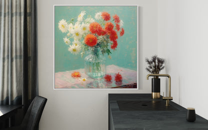 Red and White Chrysanthemum Still Life - Elegant Floral Art