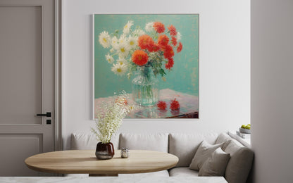 Red and White Chrysanthemum Still Life - Elegant Floral Art