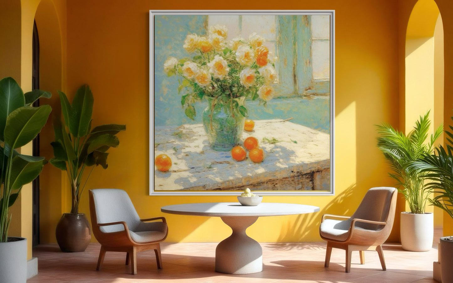 Yellow Peonies and Oranges Still Life - Vintage Floral Art