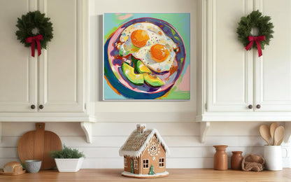 Fried Eggs & Avocado Art | Colorful Kitchen Wall Decor | Bold Modern Abstract Food Painting | Handmade Canvas Artwork