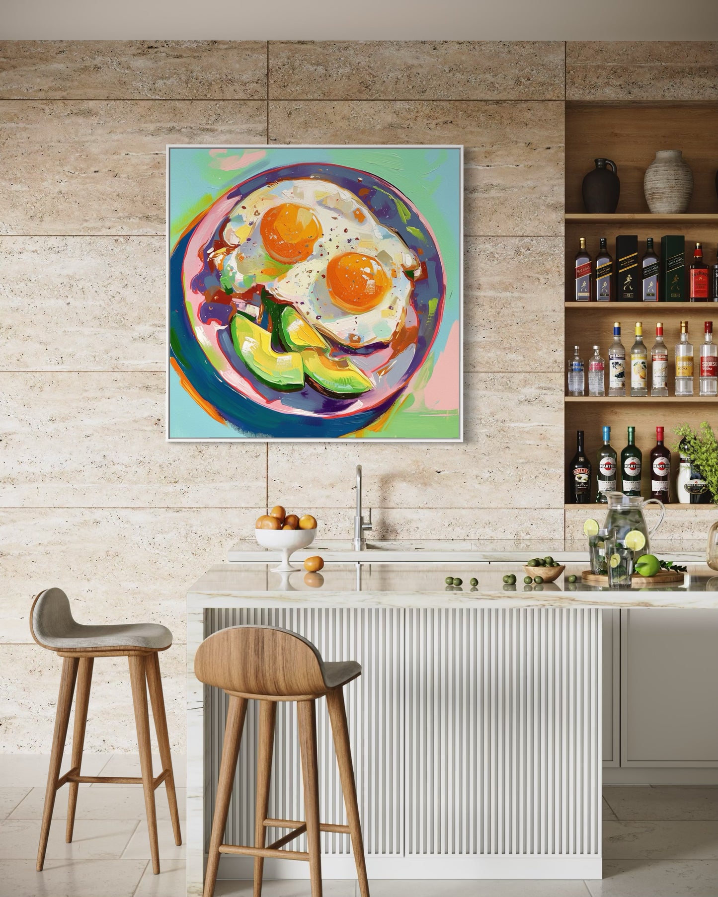 Fried Eggs & Avocado Art | Colorful Kitchen Wall Decor | Bold Modern Abstract Food Painting | Handmade Canvas Artwork