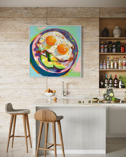 Fried Eggs & Avocado Art | Colorful Kitchen Wall Decor | Bold Modern Abstract Food Painting | Handmade Canvas Artwork