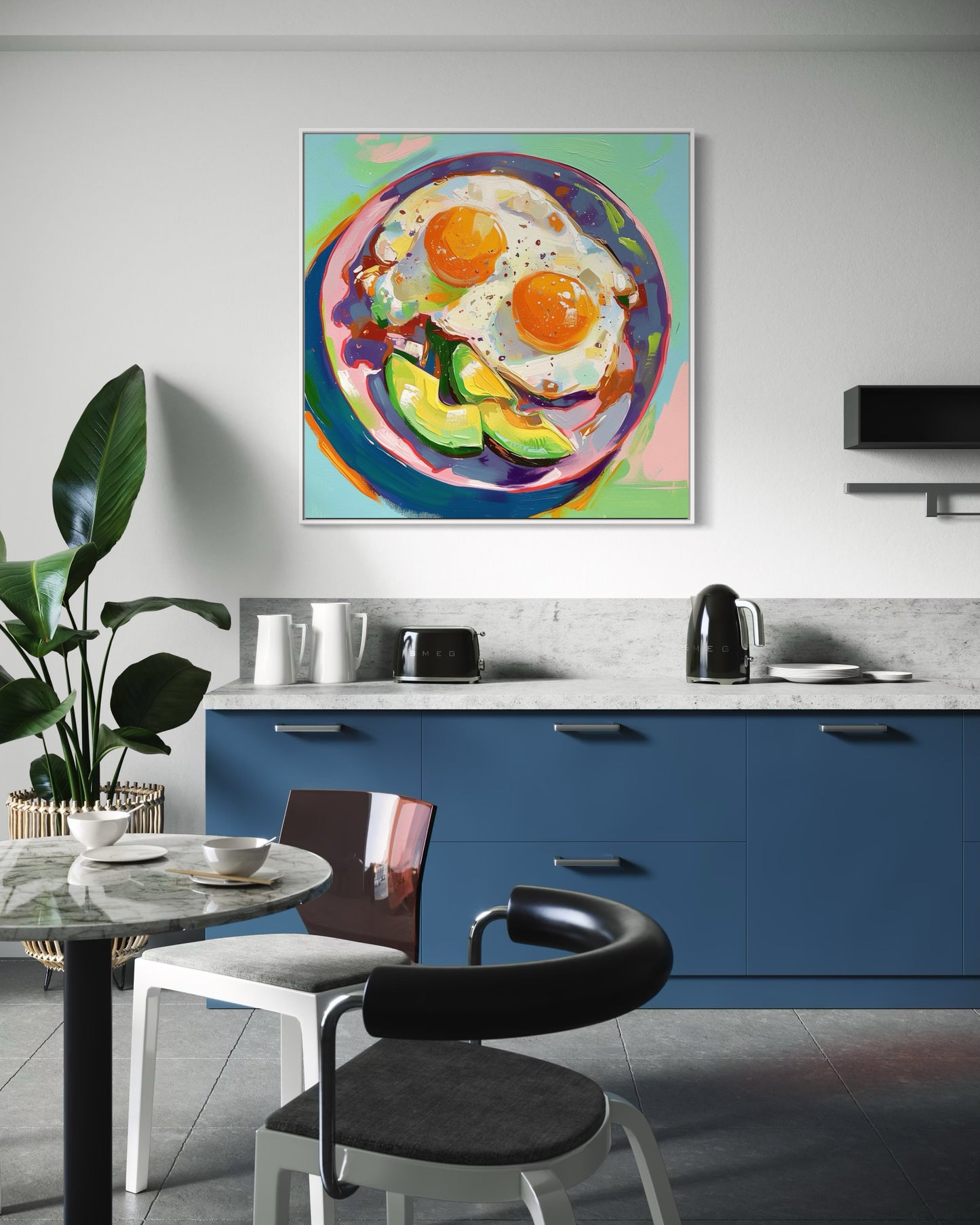 Fried Eggs & Avocado Art | Colorful Kitchen Wall Decor | Bold Modern Abstract Food Painting | Handmade Canvas Artwork