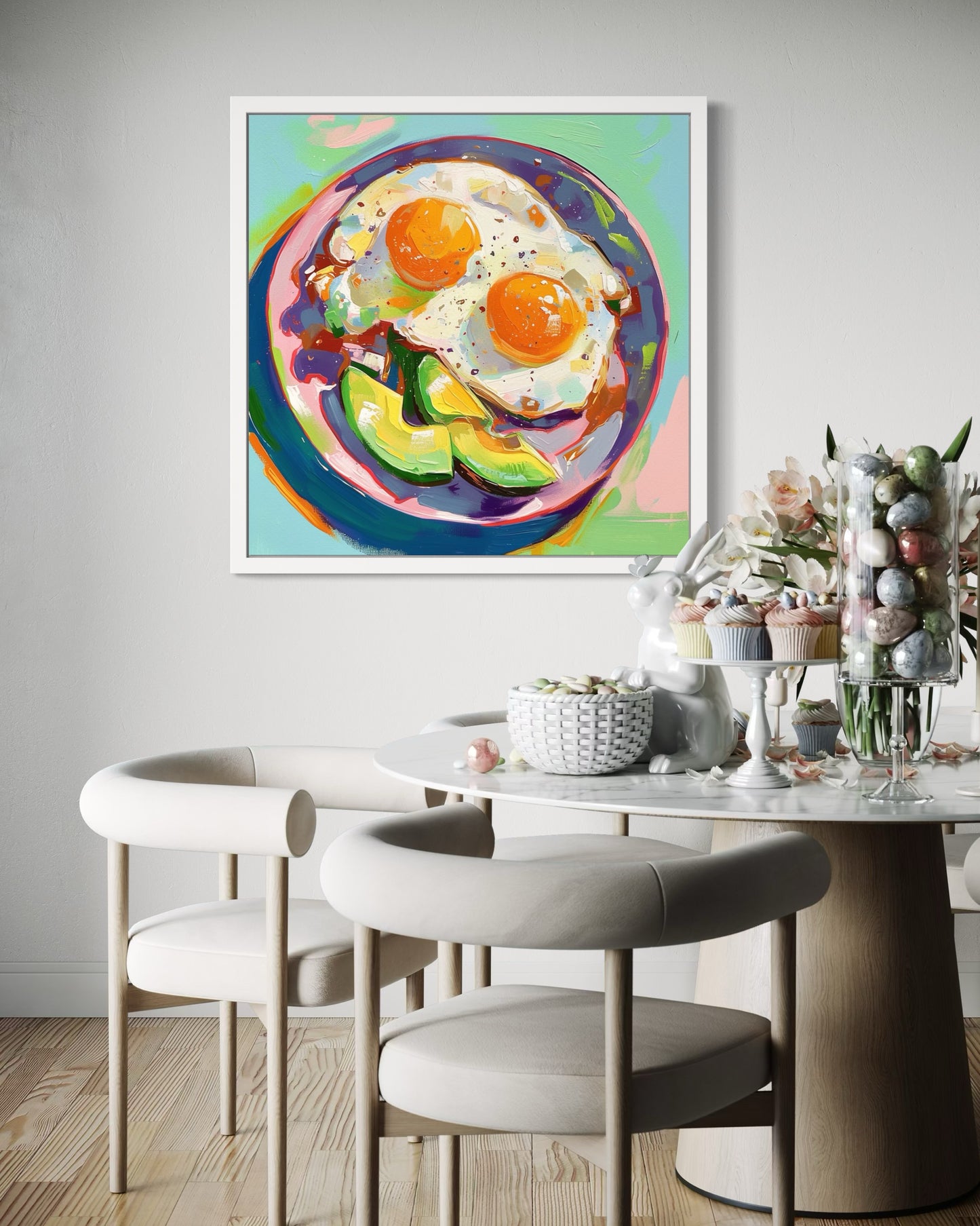 Fried Eggs & Avocado Art | Colorful Kitchen Wall Decor | Bold Modern Abstract Food Painting | Handmade Canvas Artwork