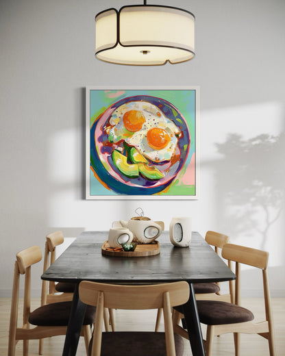 Fried Eggs & Avocado Art | Colorful Kitchen Wall Decor | Bold Modern Abstract Food Painting | Handmade Canvas Artwork