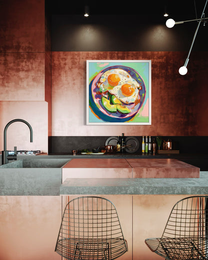 Fried Eggs & Avocado Art | Colorful Kitchen Wall Decor | Bold Modern Abstract Food Painting | Handmade Canvas Artwork
