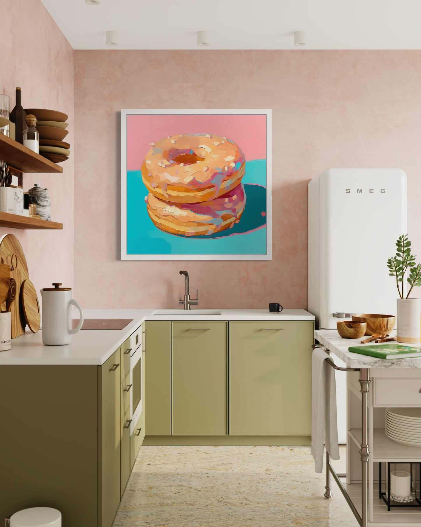 Delicious Donut Art Print - Pastel Pink and Blue Kitchen Decor - Whimsical Wall Art for Dessert Lovers and Modern Spaces| Modern Still Life