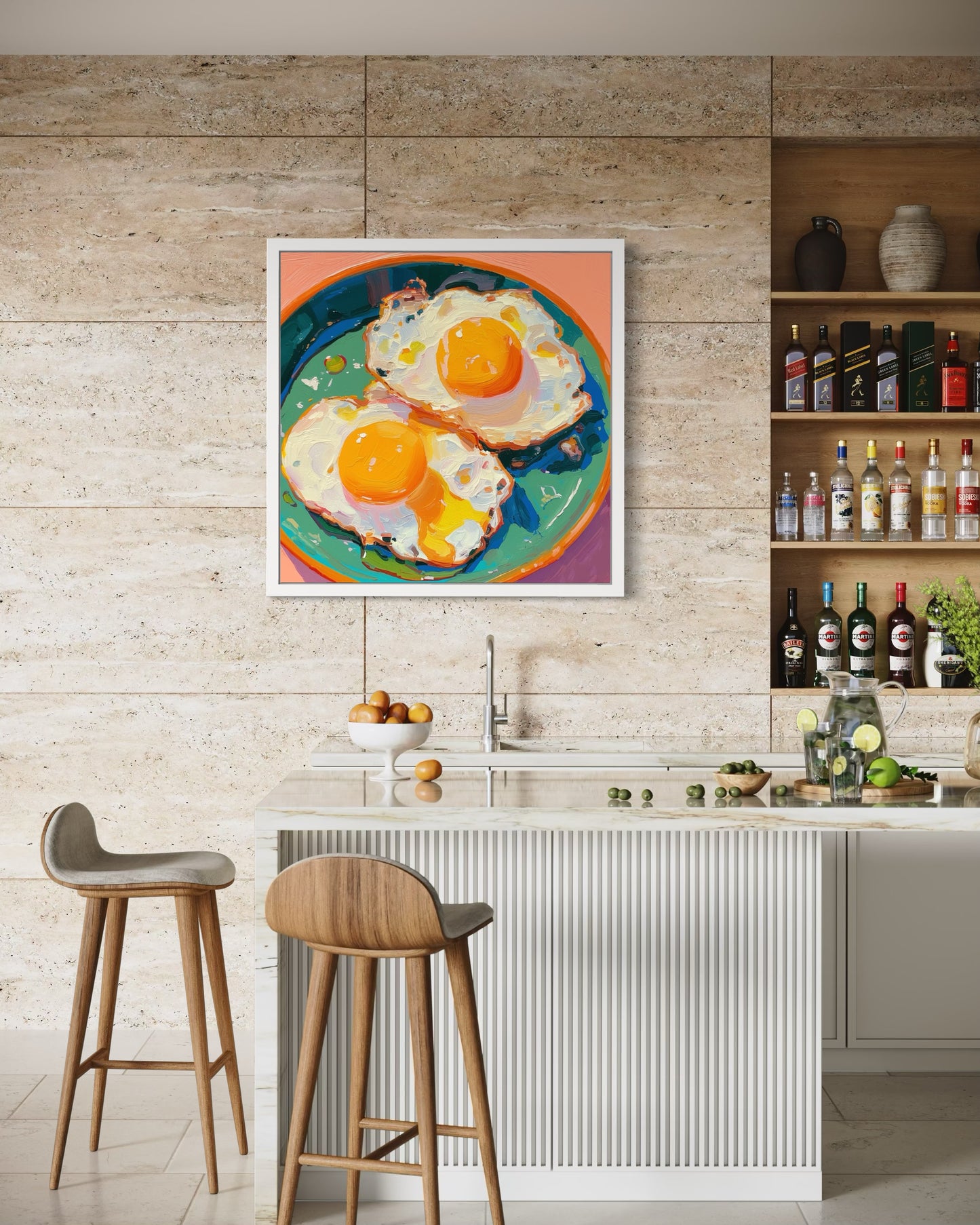 Colorful Fried Egg Oil Painting | Hand-Painted Breakfast Still Life Art | Vibrant Food Art on Canvas for Kitchen or Dining Room Decor