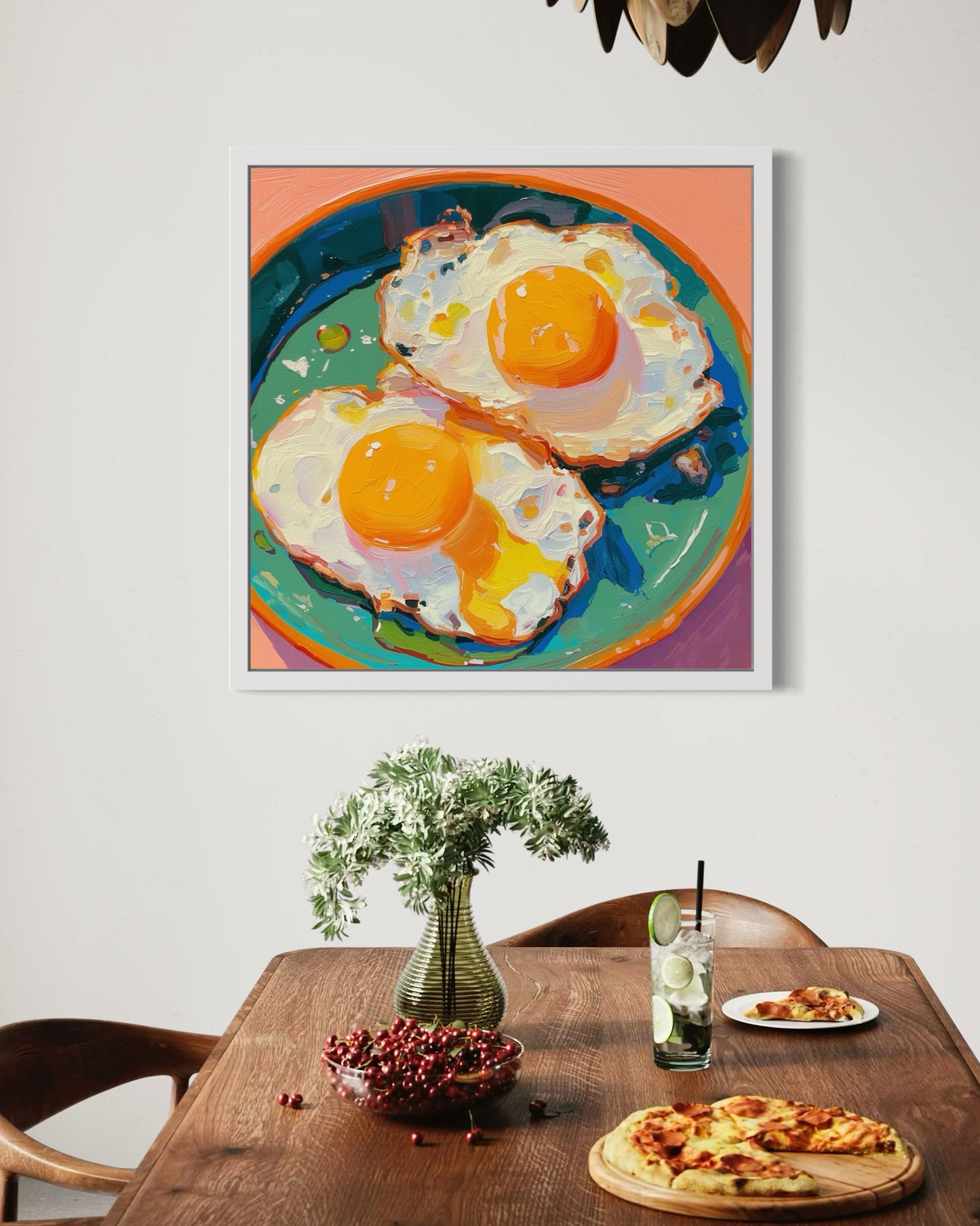 Colorful Fried Egg Oil Painting | Hand-Painted Breakfast Still Life Art | Vibrant Food Art on Canvas for Kitchen or Dining Room Decor
