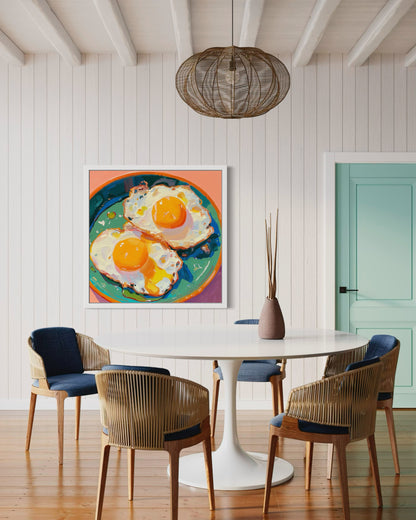 Colorful Fried Egg Oil Painting | Hand-Painted Breakfast Still Life Art | Vibrant Food Art on Canvas for Kitchen or Dining Room Decor