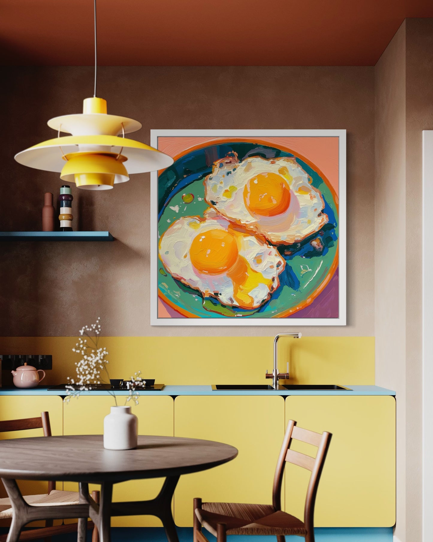 Colorful Fried Egg Oil Painting | Hand-Painted Breakfast Still Life Art | Vibrant Food Art on Canvas for Kitchen or Dining Room Decor