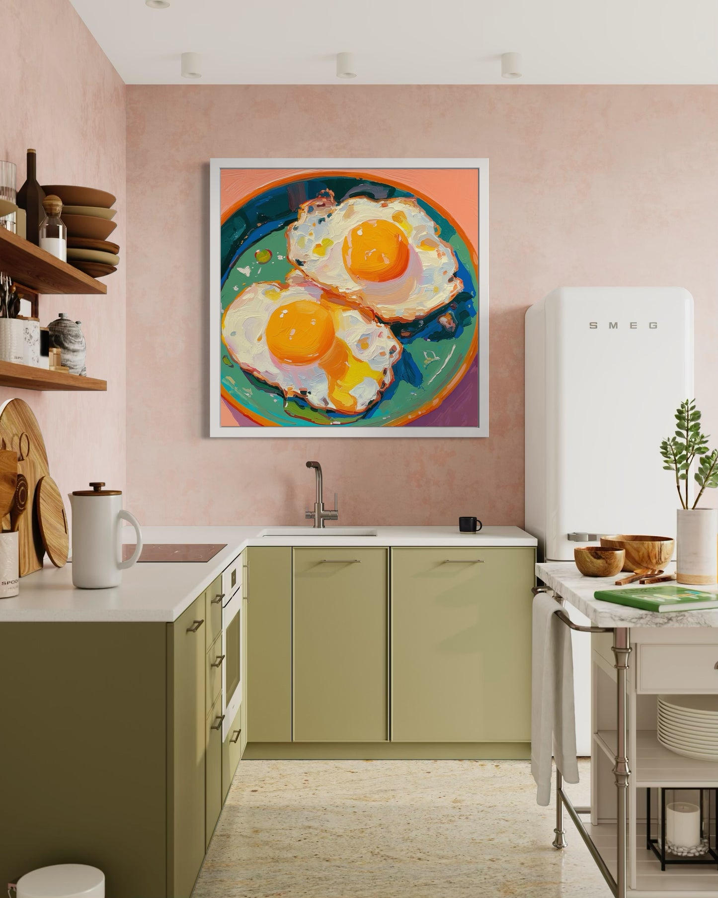 Colorful Fried Egg Oil Painting | Hand-Painted Breakfast Still Life Art | Vibrant Food Art on Canvas for Kitchen or Dining Room Decor