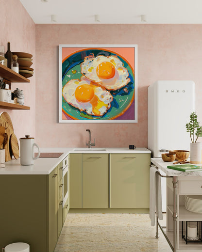 Colorful Fried Egg Oil Painting | Hand-Painted Breakfast Still Life Art | Vibrant Food Art on Canvas for Kitchen or Dining Room Decor