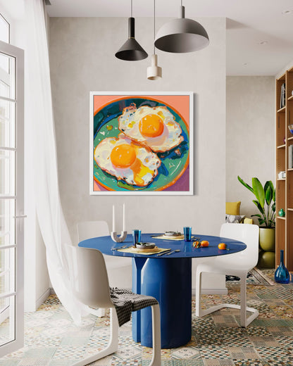 Colorful Fried Egg Oil Painting | Hand-Painted Breakfast Still Life Art | Vibrant Food Art on Canvas for Kitchen or Dining Room Decor