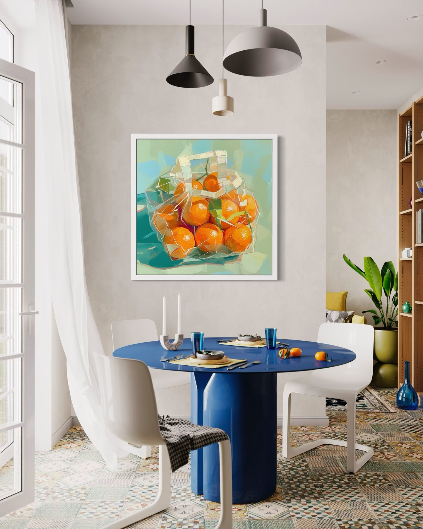 Vivid Tangerines in Transparent Bag Oil Painting | Modern Still Life Wall Art | Bold Kitchen Decor | Kitchen or Dining Room Decor